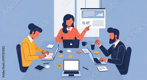 Diverse team collaborating in a modern office meeting room.