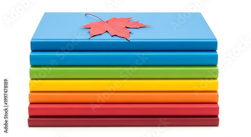 Stack of colorful books arranged in rainbow order with single red maple leaf on top.