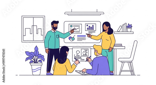 Diverse team collaborating on a business presentation project together.