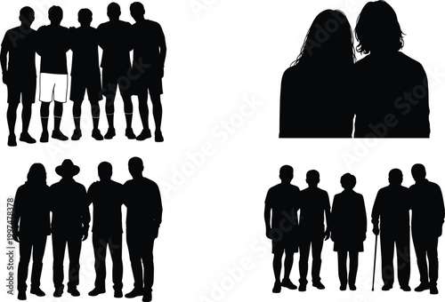 People silhouettes collection, diverse groups standing together isolated on white background, teamwork unity lifestyle social interaction concept illustration set