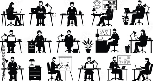 Professionals working at modern office desks isolated on white background, Vector