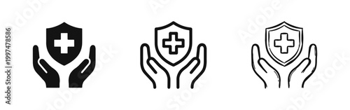 Medical Health Insurance Protection Shield with Hands Icon Set
