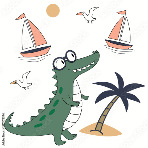 Ocean Breeze themed SVG: Funny Alligator with wearing glasses in a Beach day environment