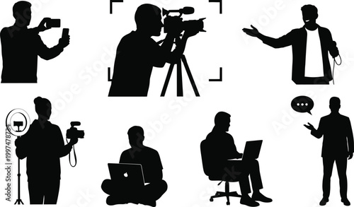 Silhouettes of people in media and interview scenes isolated on white background, Vector