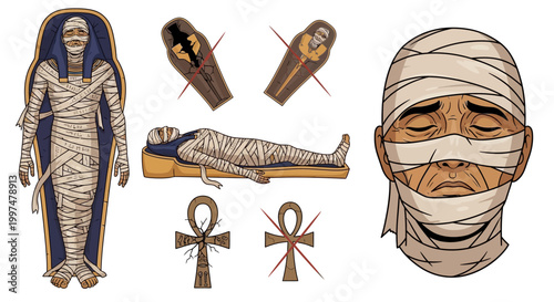 Mummies and ancient symbols represent funerary traditions of the.