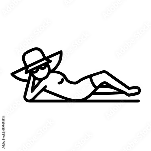 Sunbathing woman with hat and sunglasses line art icon