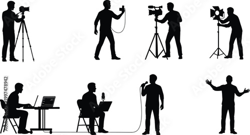Silhouette people working with video production equipment isolated on white background, Vector