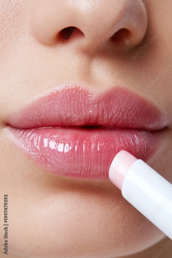 Naklejka premium Close-up of natural female lips applying lip balm with a pink tint, showcasing smooth texture and shine against a neutral background