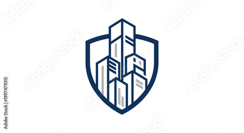 Shield with city buildings logo.