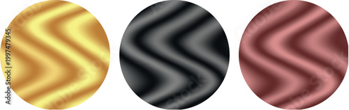 A series of three circular designs featuring wavy liquid-like patterns. The textures are rendered in metallic gold deep black and soft rose pink providing a luxurious and tactile visual experience.