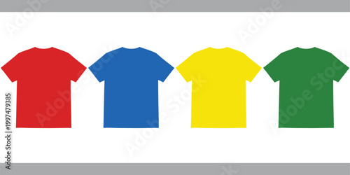 Four colorful t shirts lined up on white background with t shirt crew neck clothing isolated collection multiple template copy space studio shot individuality outerwear.