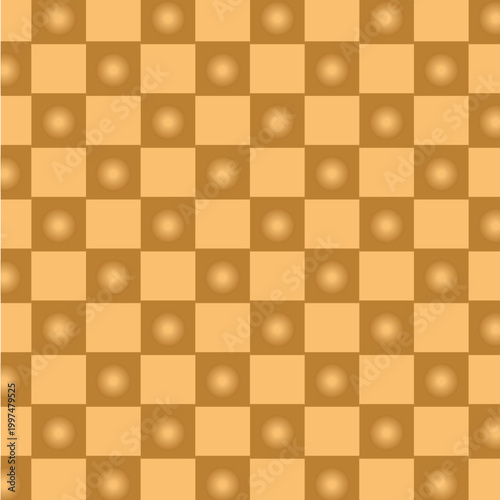 A high-quality seamless pattern featuring a golden checkerboard grid. Each square contains a subtle soft circular gradient highlight creating a sophisticated tactile look that is ideal for backgrounds