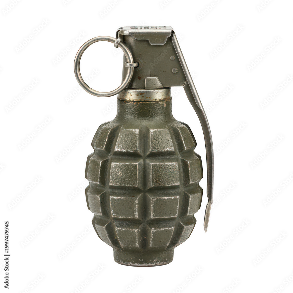 Fototapeta premium Olive green pineapple hand grenade with metal pull ring isolated on a transparent background