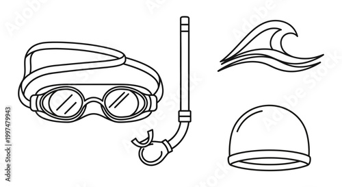 Minimalist swimming gear line icons with snorkel and swim cap