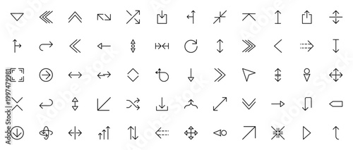 Arrows icon set. Vector arrow collection. Includes down, up, left, right, double, diagonal, chevron, download, upload, move, shuffle and more. Editable stroke.