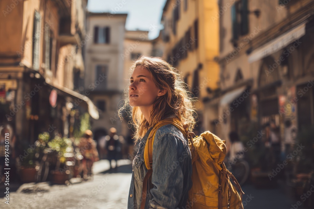Obraz premium Adventurous woman walking in sunny city