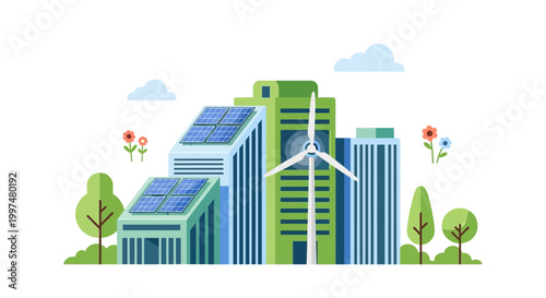 Sustainable Smart Cityscape with Renewable Energy: Modern Buildings, Solar Panels, and Wind Turbine for Eco-Friendly Urban Development. Flat Vector Illustration.