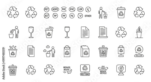 Recycling and waste management icons set in thin line style