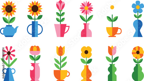 Colorful Flower Vase Illustration Set Featuring Decorative Floral Arrangements in Cups and Vases with Cute Botanical Elements for Home and Design.