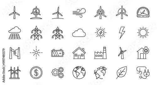 Renewable energy and sustainable power line icons on white background