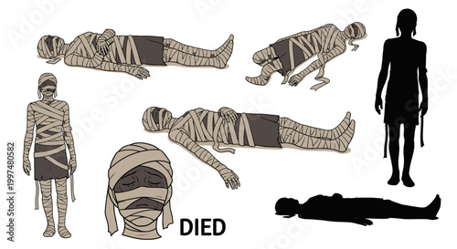 Mummy character poses show the deceased in various positions and shapes.
