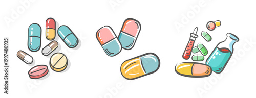 Assortment of colorful cartoon pills, capsules, and liquid medication vials.