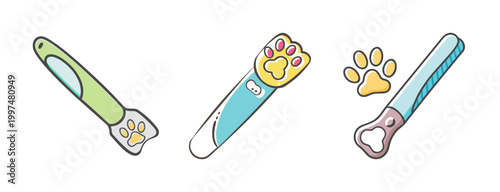 Three cartoon pet nail files with paw print designs and ergonomic handles.