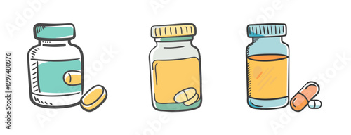 Variety of pill bottle icons with capsules and tablets for medicine and healthcare