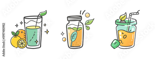 Assortment of healthy, fresh juices and citrus fruits in a hand-drawn style.