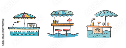 Three poolside bar icons with umbrellas, drinks, and stools, hand-drawn style.