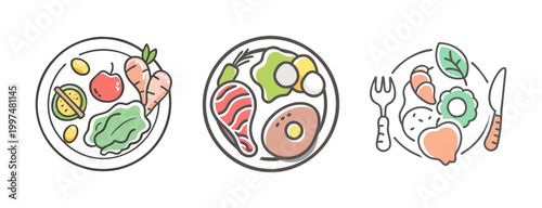 Paleo diet plates with salmon, eggs, vegetables, and fruits for healthy eating