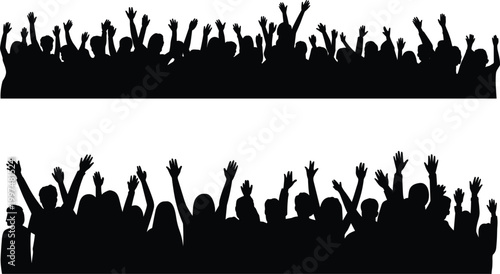 Crowd silhouettes cheering people, audience raising hands concert party celebration vector illustration banner set