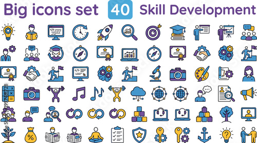 Skill development icon set color editable stroke collection learning training education growth career achievement symbols for web UI design