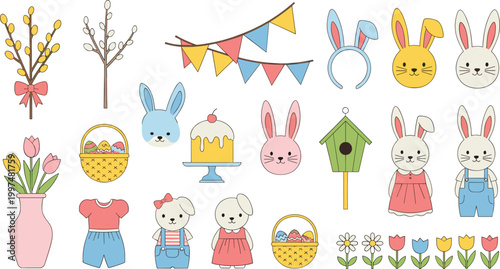 Easter Bunny Illustration Set Featuring Cute Rabbits, Eggs, Tulips, Basket, Cake and Spring Holiday Decorative Elements for Kids and Festive Design.