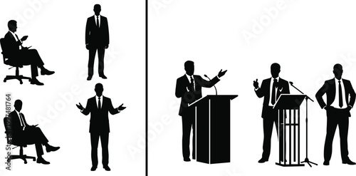 Collection of professional businessman silhouettes featuring male executives presenting at podiums, sitting in office chairs, and standing isolated on white background