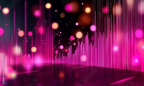 Abstract glowing neon equalizer sound wave bars with bokeh lights.
