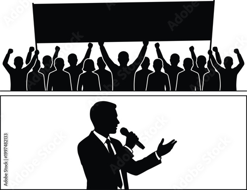 Protest crowd silhouettes with speaker holding microphone, public demonstration, political rally, activism concept with raised fists isolated on white background