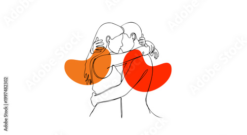 Abstract continuous line art drawing depicting a loving couple embracing each other with modern colourful shapes.