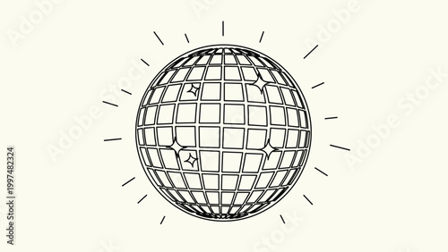Dynamic line drawing of a shiny disco ball with light reflections and sparkles for party and dance concepts.