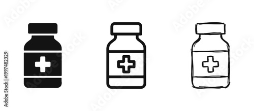 Medicine bottle icons with cross symbol in solid, outline, and hand-drawn styles for pharmacy and healthcare.