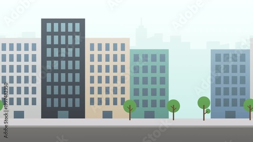 Minimalist flat city buildings loop animation with office skyscrapers.