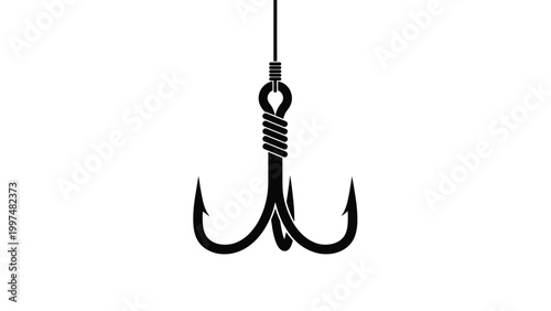 Black silhouette of a triple fishing hook hanging from a vertical line on a white background for angling and tackle designs.