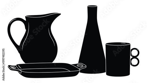 Group of kitchenware objects including a pitcher, bottle, tray, and mug shown in black silhouette against a plain white background.