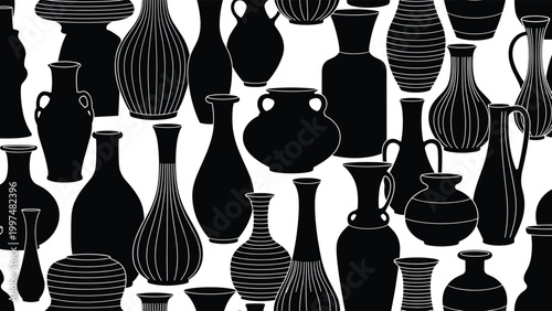 Seamless pattern featuring a dense collection of diverse black vase and pottery silhouettes on a clean white background for textile prints.