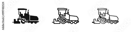 Asphalt paver construction machinery icons in solid, outline, and hand-drawn styles for industrial concepts.