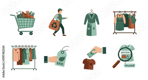 Sustainable Fashion & Circular Economy: Second-Hand Clothes, Pre-Loved Garments, Recycling, Thrifting, Buying & Selling Icon Set for Eco-Friendly Consumption