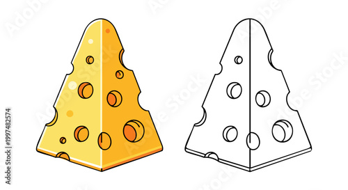 A wedge of delicious Swiss cheese with many holes shown in two different styles