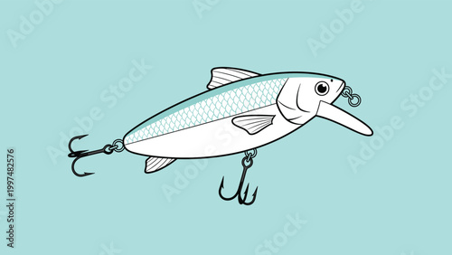 Detailed illustration of a fish-shaped lure with two treble hooks on a light blue background for angling and tackle shop advertising.