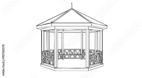 A detailed architectural line drawing of a charming hexagonal garden gazebo with decorative railings and integrated seating structure.