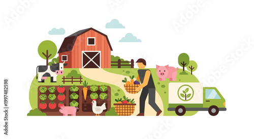 Sustainable Farm to Table: Farmer Harvesting Fresh Organic Produce, Livestock, and Local Food Delivery by Truck - Agricultural Lifestyle Illustration